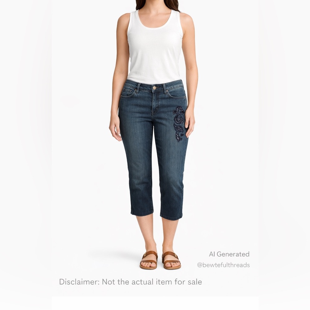 Laura Petites 8P Blue Capri Jeans Embellished Leg Stretch (Fits 8–10)